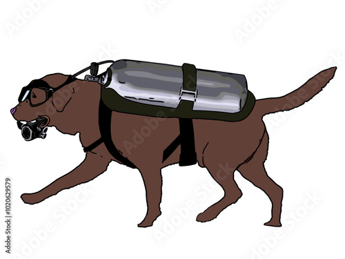 Chocolate labrador retriever wearing scuba gears
