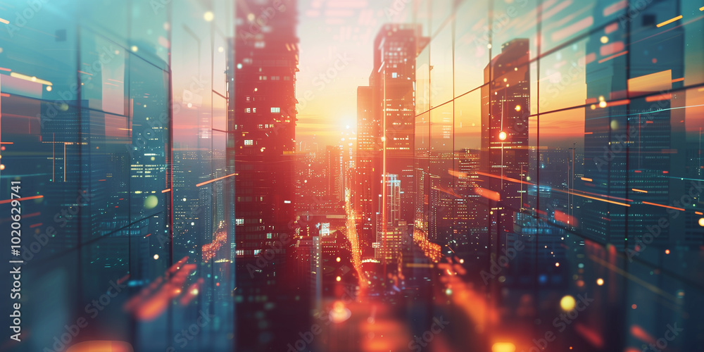 Fototapeta premium Futuristic cityscape with skyscrapers at sunrise.