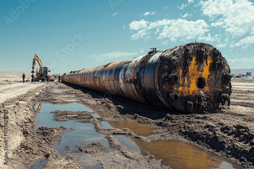 A large metal pipe lies in a muddy desert. This image depicts the environmental impact of oil and gas pipelines.