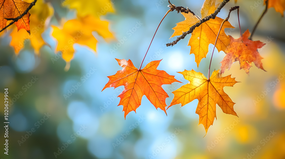 Autumn Nature Background: Orange autumn leaves falling on a white background with space for text.