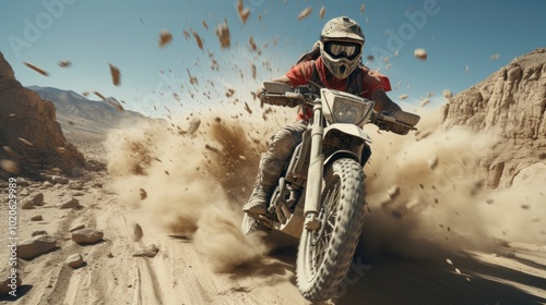  A motorcyclist rides at high speed on a dusty road surrounded by mountains, kicking up clouds of dirt as the sun sets on the horizon.