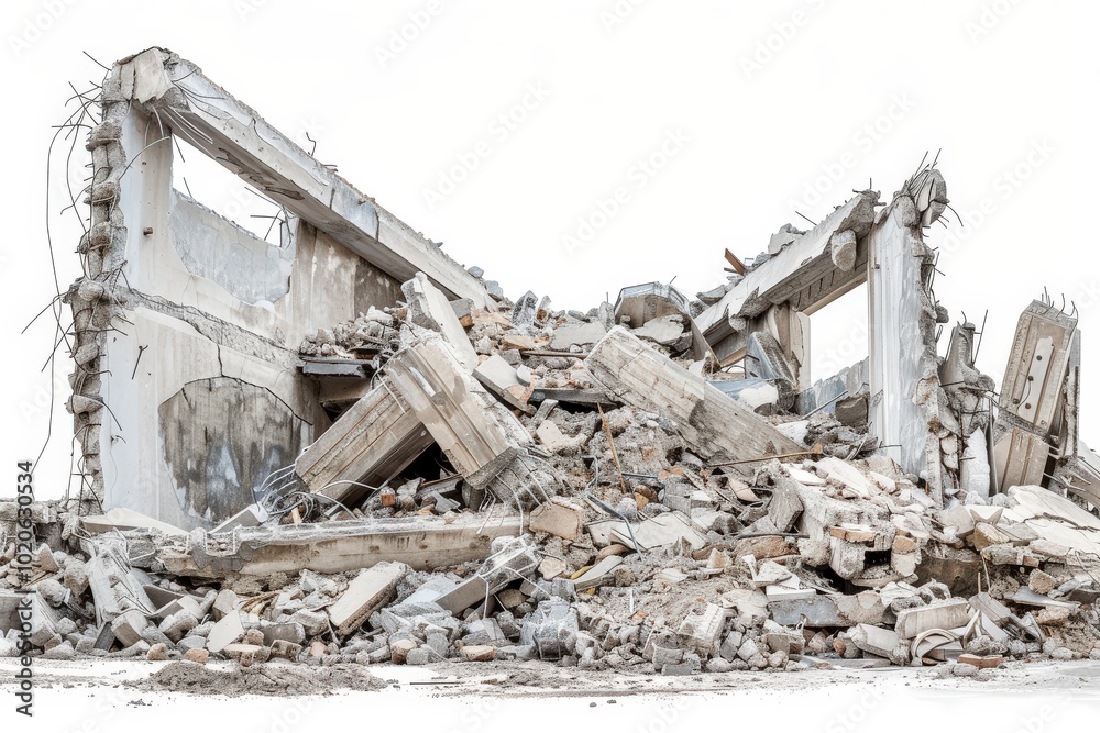 A building in ruins with rubble and debris scattered around it, generative ai image A building in ruins with rubble and debris scattered around it, generative ai image
