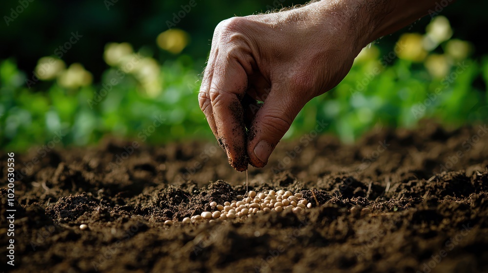 a gardener planting seeds barehanded in rich soil, symbolizing a connection to nature