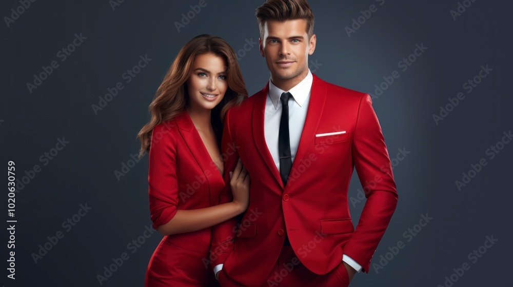 A couple in red formal attire is shown posing confidently on a dark background, exhibiting style and sophistication. The setting highlights their elegance. A couple in red formal attire is shown posing confidently on a dark background, exhibiting style and sophistication. The setting highlights their elegance.