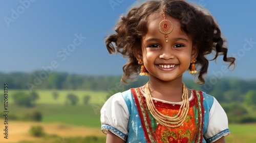 An Indian girl with curly hair and traditional jewelry smiles happily as she stands in a beautiful rural landscape, surrounded by green nature under a blue sky.