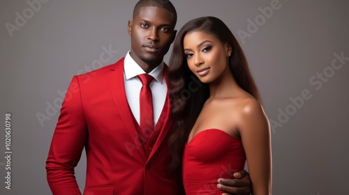 Two individuals in red suits, wearing formal clothes, pose in front of a neutral background, showing a confident attitude that reflects a professional working environment. 