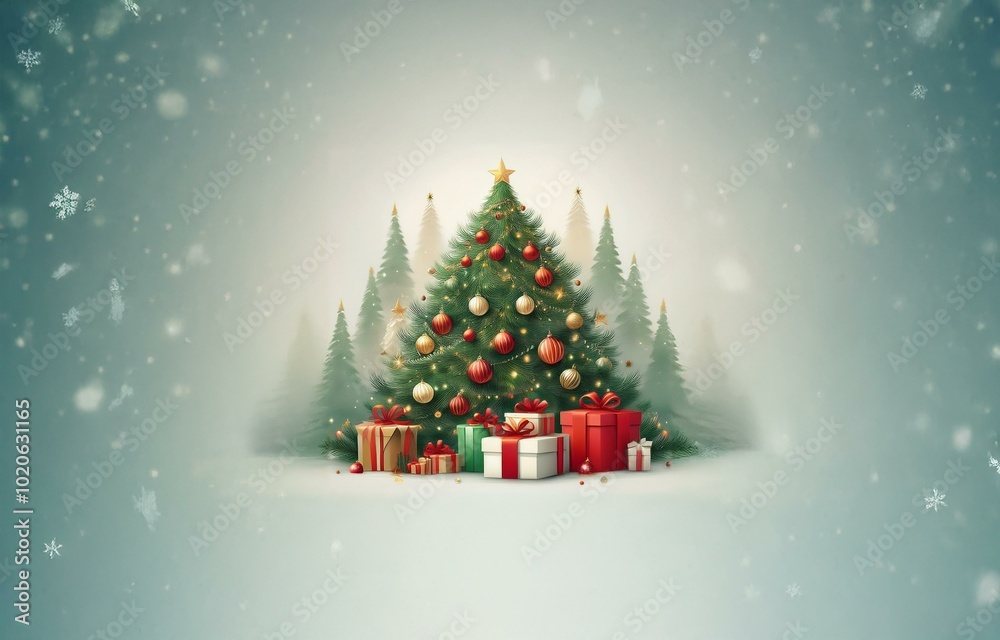 Obraz premium A decorated Christmas tree with gifts underneath, surrounded by blurred trees, falling snowflakes and a light snowfall.