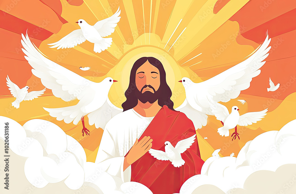 illustration of Jesus Christ with doves flying around him, white clouds in the background, yellow sun rays shining behind his back illustration of Jesus Christ with doves flying around him, white clouds in the background, yellow sun rays shining behind his back