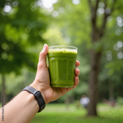 man holding healthy green drink in glass, Al Generation