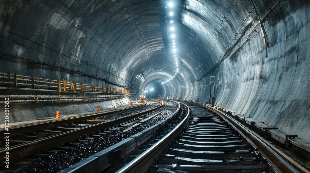 Fototapeta premium Railway construction inside a large underground tunnel