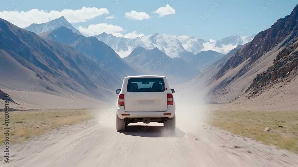 A car drives along a dusty road surrounded by stunning mountains under a clear blue sky. A car drives along a dusty road surrounded by stunning mountains under a clear blue sky.