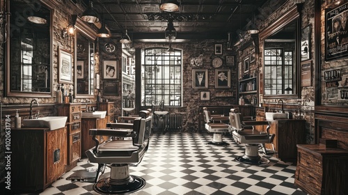a barber shop interior with vintage decor, showcasing a welcoming and stylish atmosphere