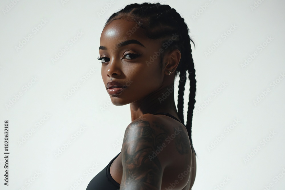 Self-care and wellness. Beautiful young african american girl with tatoos with slim body, posing in sportswear isolated on white studio background. Concept of natural female beauty, body and skin care Self-care and wellness. Beautiful young african american girl with tatoos with slim body, posing in sportswear isolated on white studio background. Concept of natural female beauty, body and skin care