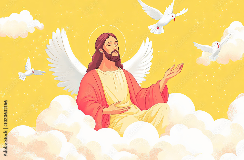illustration of Jesus Christ with doves flying around him, white clouds in the background, yellow sun rays shining behind his back illustration of Jesus Christ with doves flying around him, white clouds in the background, yellow sun rays shining behind his back