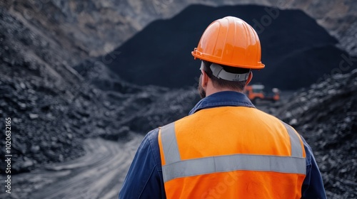 Safety helmet technician supervising coal mining operations photo