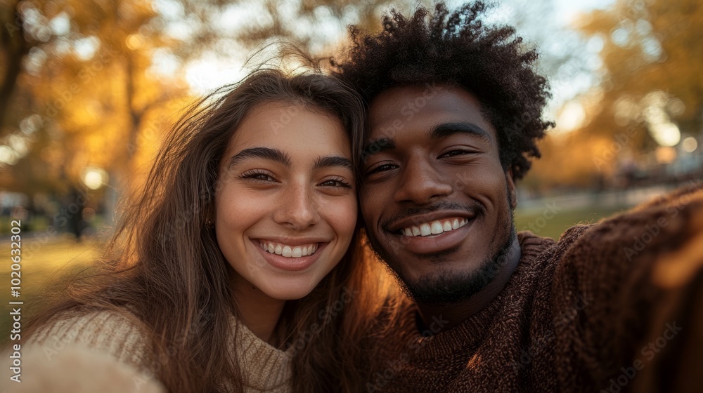 Joyful autumn day: young interracial couple smiling in golden hour park setting Joyful autumn day: young interracial couple smiling in golden hour park setting