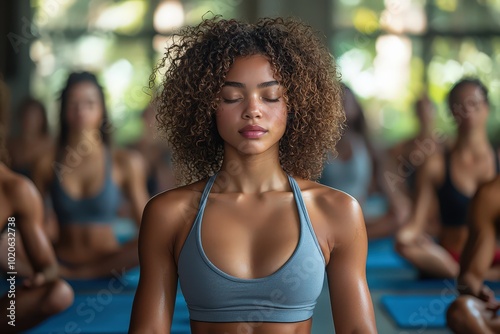 Obraz na płótnie A diverse group of people in yoga attire sitting on blue yoga mats, meditating with closed eyes and relaxed postures during an afternoon class at the gym w salonie