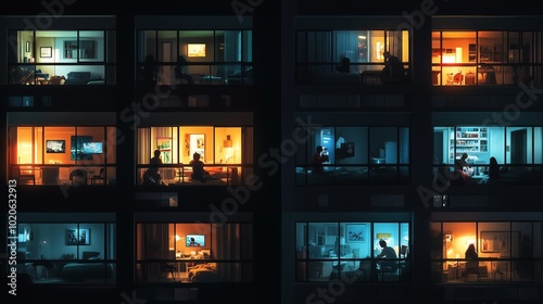 Captivating urban night view showcasing diverse activities in apartment balconies across a bustling city block photo