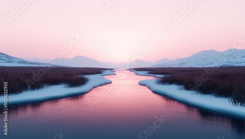 Aerial view of a frozen river flowing through a snow covered valley at sunset. Winter landscape with pink sky, mountains and icy water.