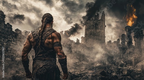 a modern reinterpretation of a barbarian character in a fantasy setting, blending historical and imaginative elements