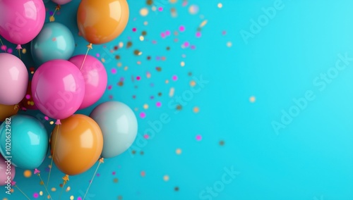 Colorful balloons and confetti on a blue background with copy space. Perfect for birthday, party, and celebration designs.