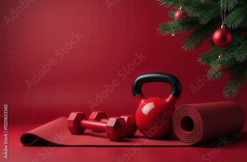Christmas and New year. concept of healthy lifestyle and sport, gym and fitness, sport shops. burgundy sports equipment on burgundy background and green christmas tree