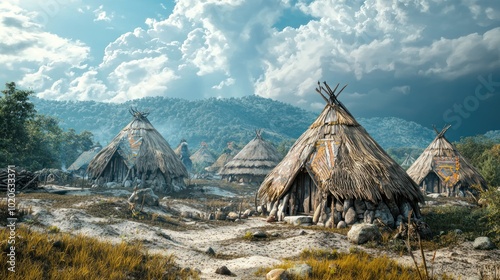a barbarian village, showcasing rugged huts and tribal decorations in a wild landscape