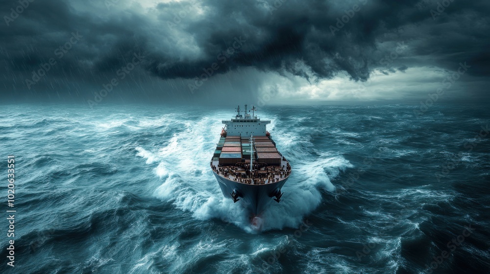 Naklejka premium Cargo ship navigating stormy seas under dark, turbulent skies in dramatic ocean setting
