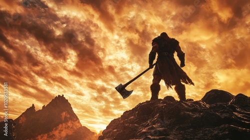 a fierce barbarian warrior standing atop a rocky hill, wielding a massive axe against a dramatic sunset