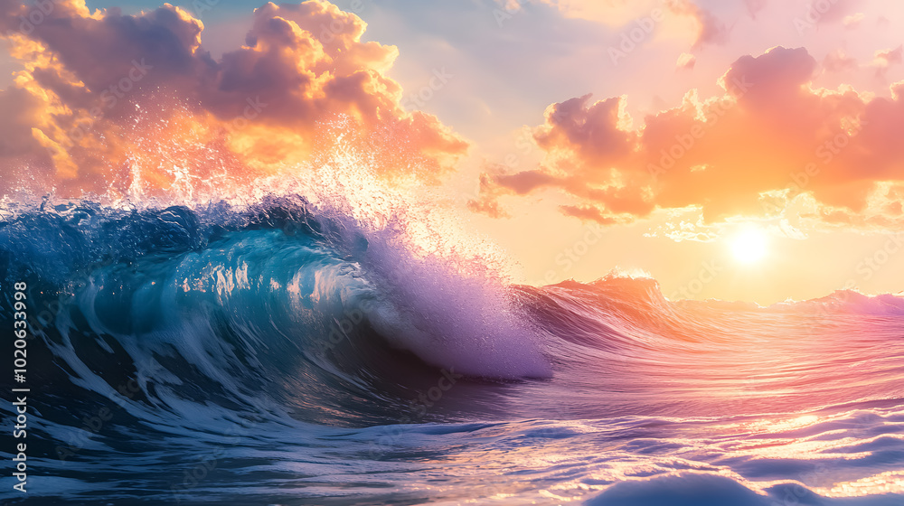 Obraz premium Colorful Ocean Wave: A vibrant wave in the ocean with sunset light and beautiful clouds in the background, capturing the dynamic nature of the sea.