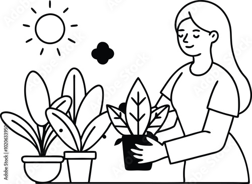 Woman tending to indoor line art illustration