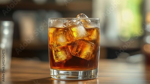 Chilled glass of iced coffee on wooden table in sunlight