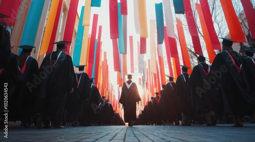 a graduation ceremony, featuring banners celebrating the achievements of the graduates