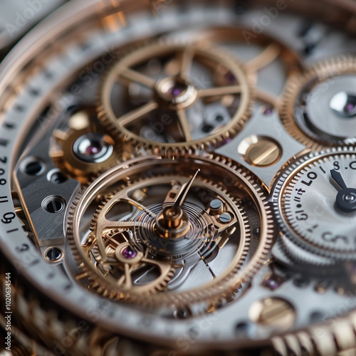 Intricate close-up of watch gears in motion.