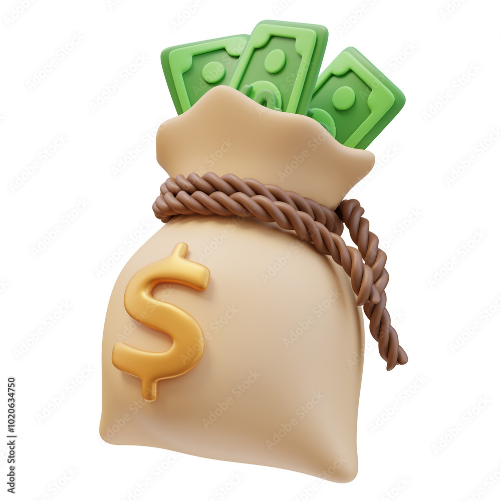 3D Icon Money Bag Green Money Banknote Dollar Sign. Money Finance ...