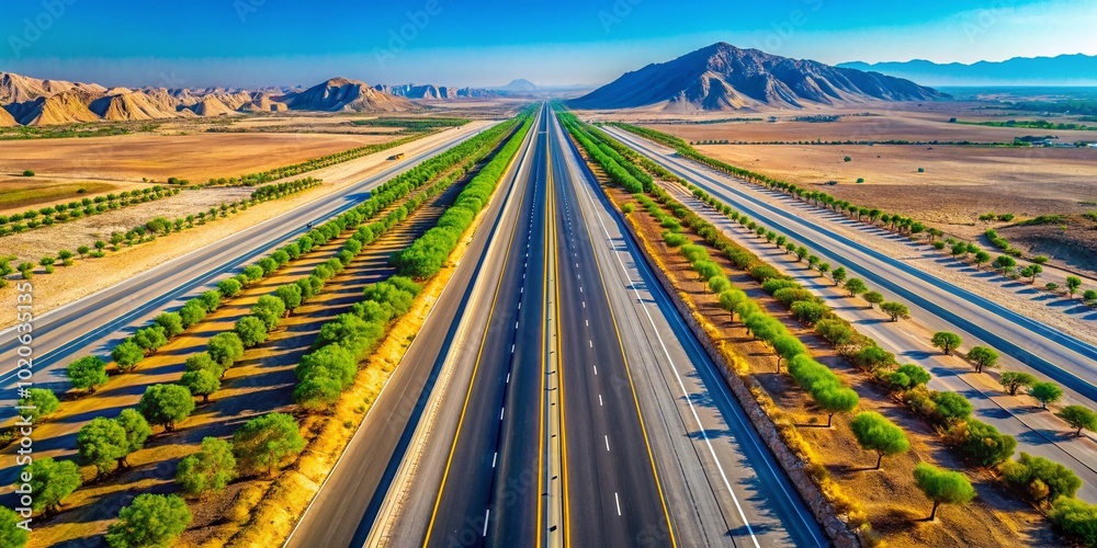 Under a clear blue sky, an aerial shot showcases a straight highway along the sunny Arabat Arrow landscape, Under a clear blue sky, an aerial shot showcases a straight highway along the sunny Arabat Arrow landscape,