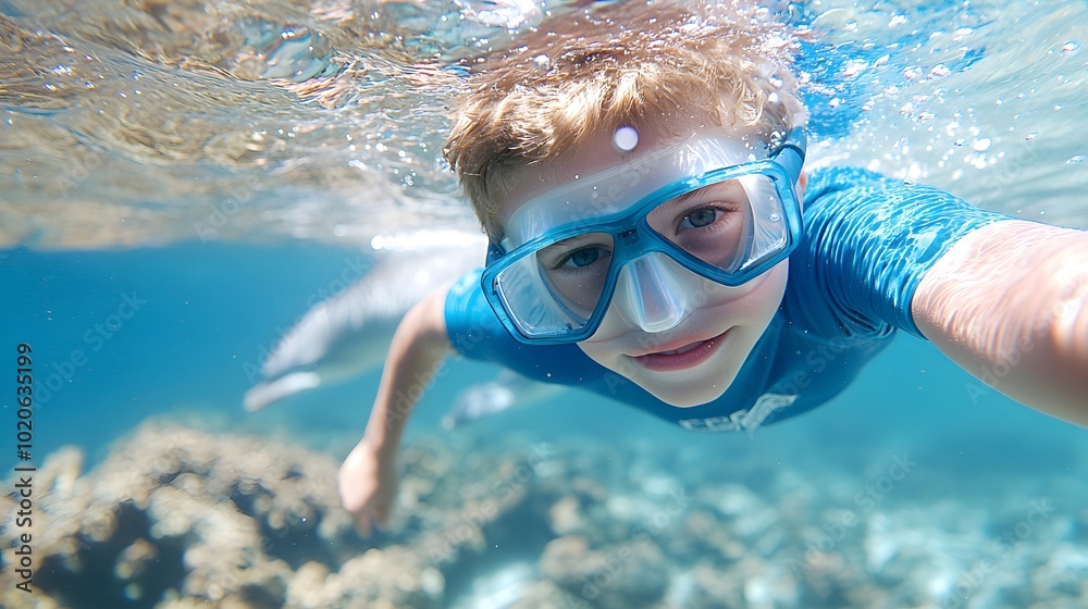 Fototapeta premium A young boy is swimming underwater, wearing blue goggles and a shirt, surrounded by clear water and coral.