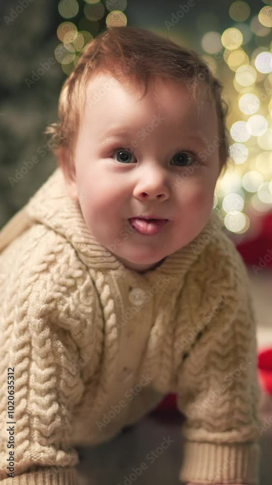 Cute little happy baby crawls at decorated background on camera at Christmas Eve. Family Spend Winter Evening at Home. Child wearing knitted sweater smile search for presents. Happy new year Christmas Cute little happy baby crawls at decorated background on camera at Christmas Eve. Family Spend Winter Evening at Home. Child wearing knitted sweater smile search for presents. Happy new year Christmas