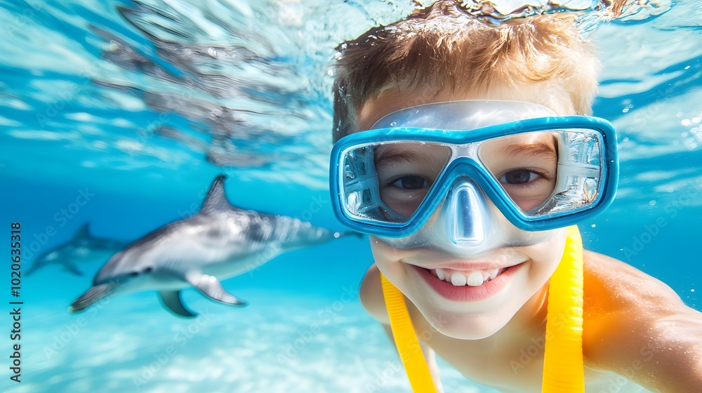 Fototapeta premium A smiling boy in snorkeling gear swims underwater alongside a shark, showcasing adventure and marine life in a vibrant, clear ocean.