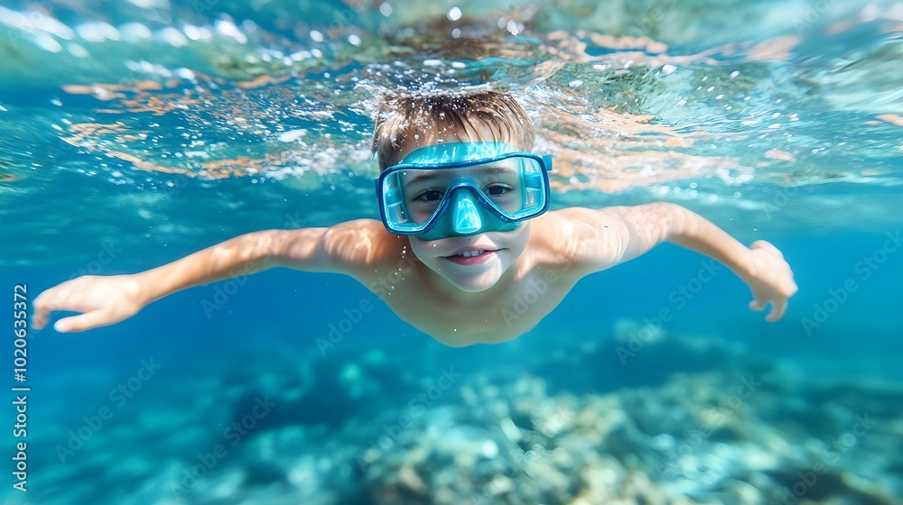 Fototapeta premium A joyful boy swims underwater, wearing goggles and enjoying a vibrant marine environment, highlighting fun and adventure in a tropical setting.