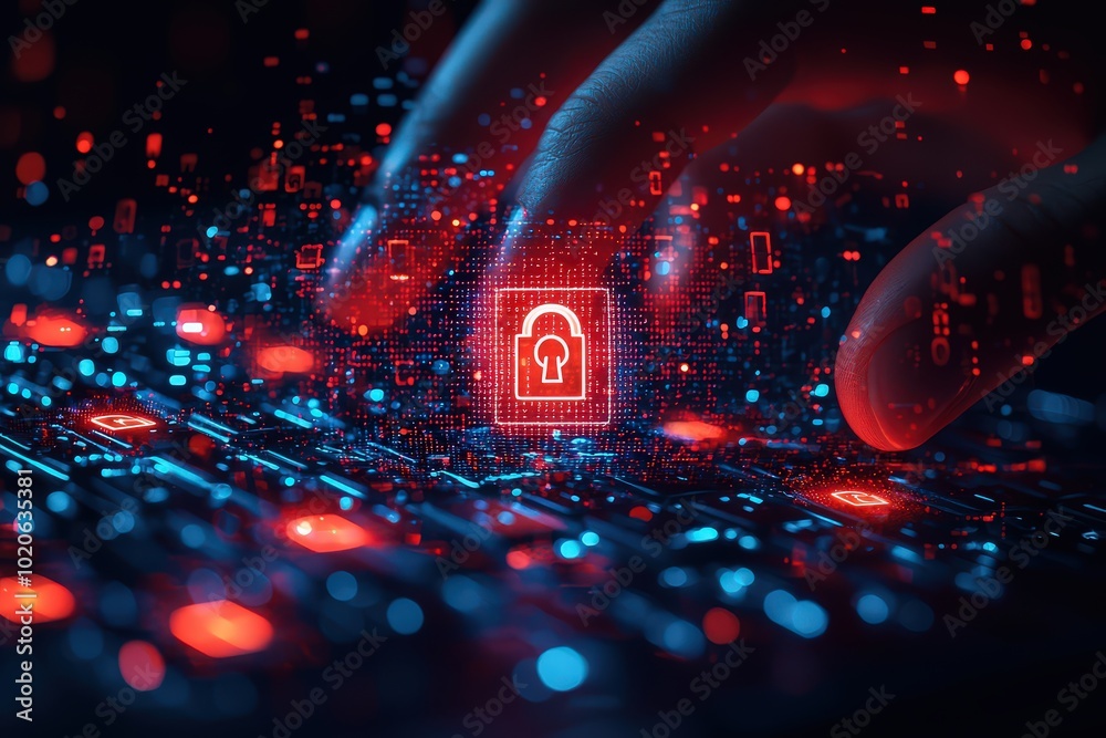 A hand on the keyboard, with red and blue padlock icons floating A hand on the keyboard, with red and blue padlock icons floating