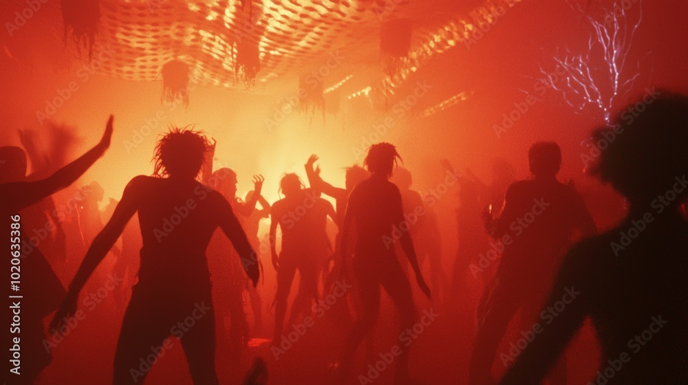 Spooky Halloween Rave: Costumed Revelers Dance-Off in Eerie Decorations with Cinematic Lightning Spooky Halloween Rave: Costumed Revelers Dance-Off in Eerie Decorations with Cinematic Lightning