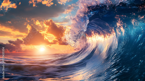 Colorful Ocean Wave: A vibrant wave in the ocean with sunset light and beautiful clouds in the background, capturing the dynamic nature of the sea.