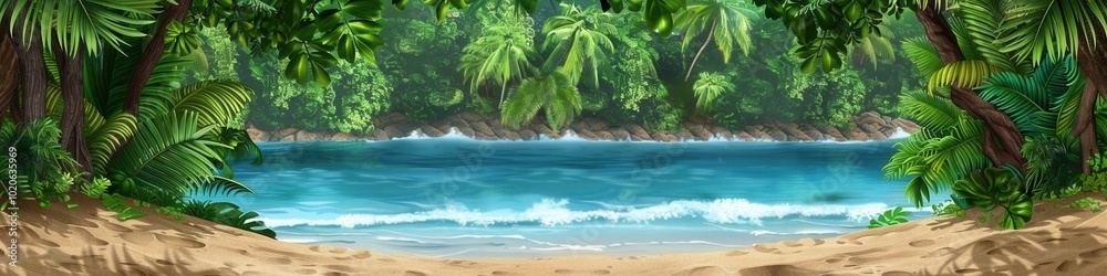 Lush tropical forest meets a pristine beach, with soft sand and gentle ocean waves creating a tranquil coastal escape at sunset. Generative AI Lush tropical forest meets a pristine beach, with soft sand and gentle ocean waves creating a tranquil coastal escape at sunset. Generative AI