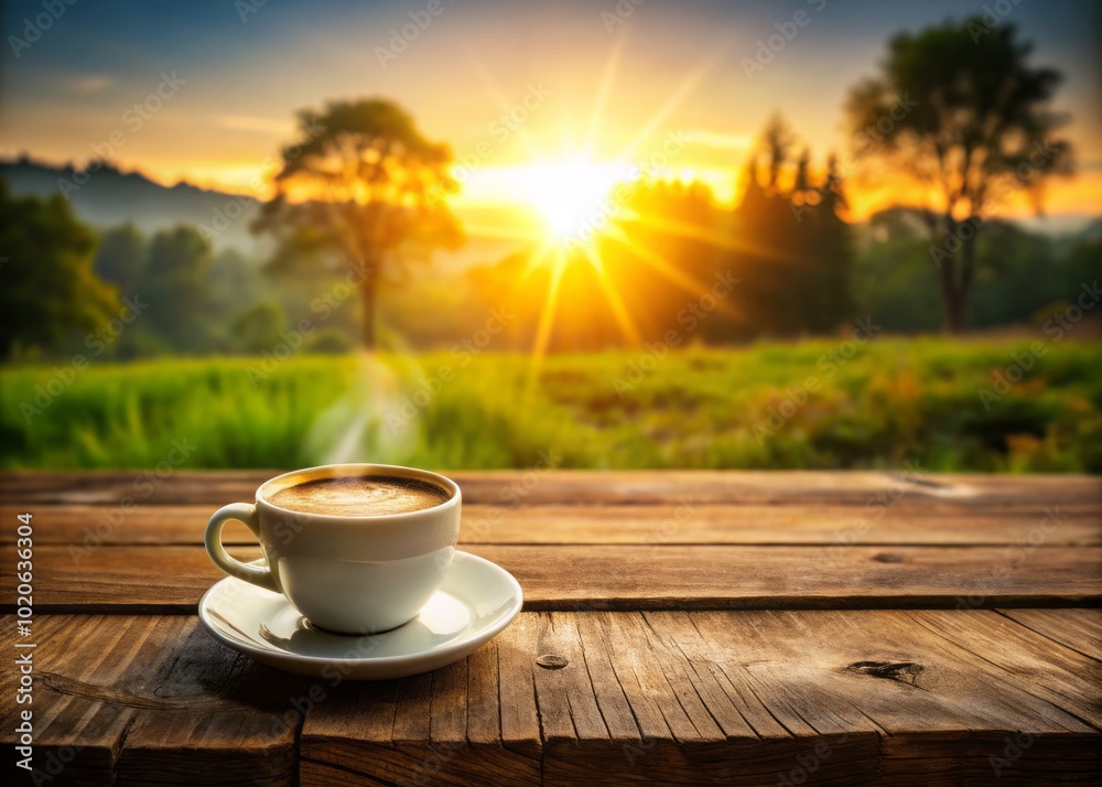 Obraz premium Savor the morning with a serene coffee moment on a wooden table, inviting calming vibes and delicious warmth to elevate your day ahead.