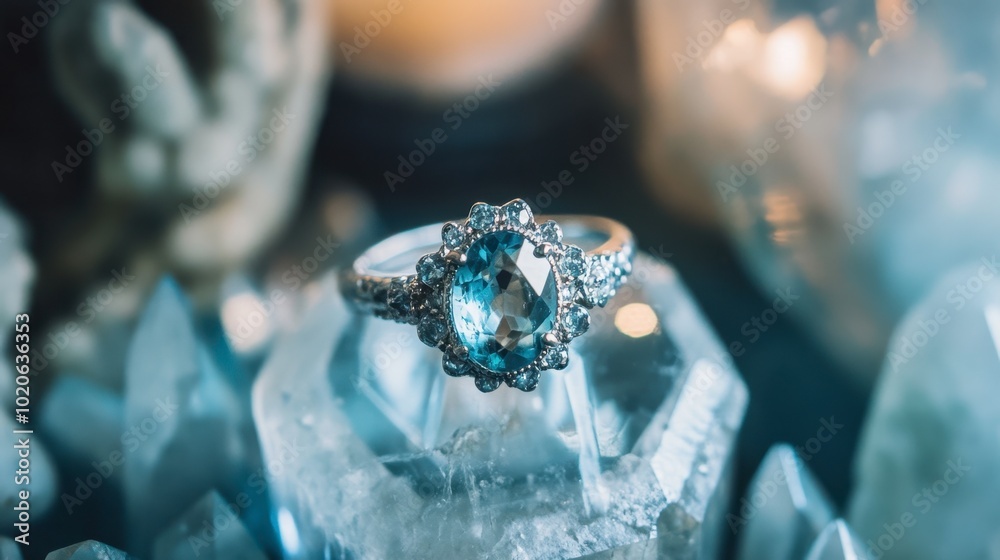 A beautiful aquamarine ring displayed on a crystal stand, capturing its clarity and color. A beautiful aquamarine ring displayed on a crystal stand, capturing its clarity and color.