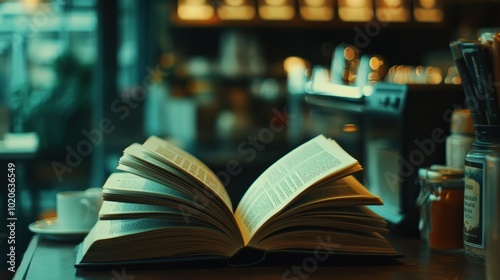 Open Book on Wooden Table with Blurred Background