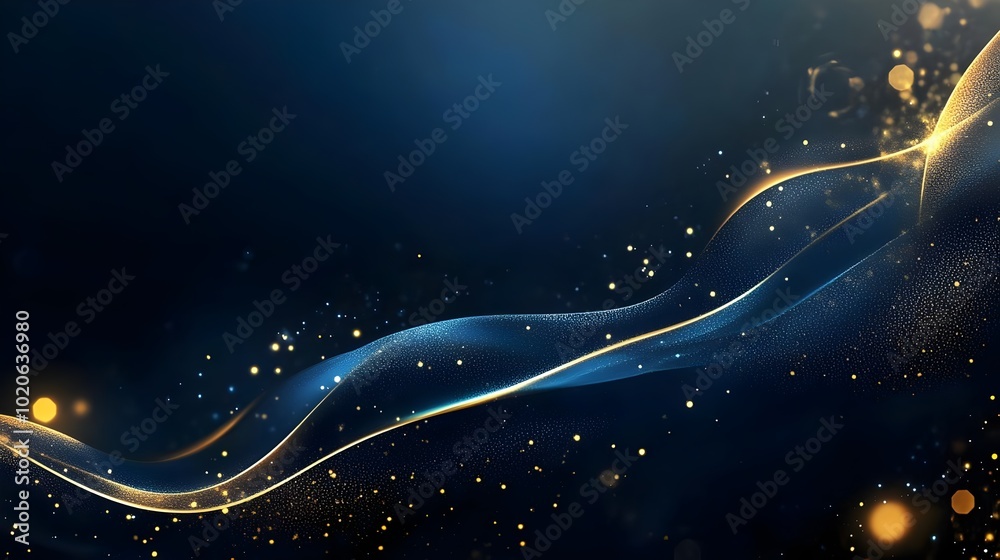 Obraz premium Blue luxury background with golden line decoration and curve light effect with bokeh elements. Modern art elegant dark scene. Ideal for Cover Design, Posters, Luxury Style and Promoting Product Banner