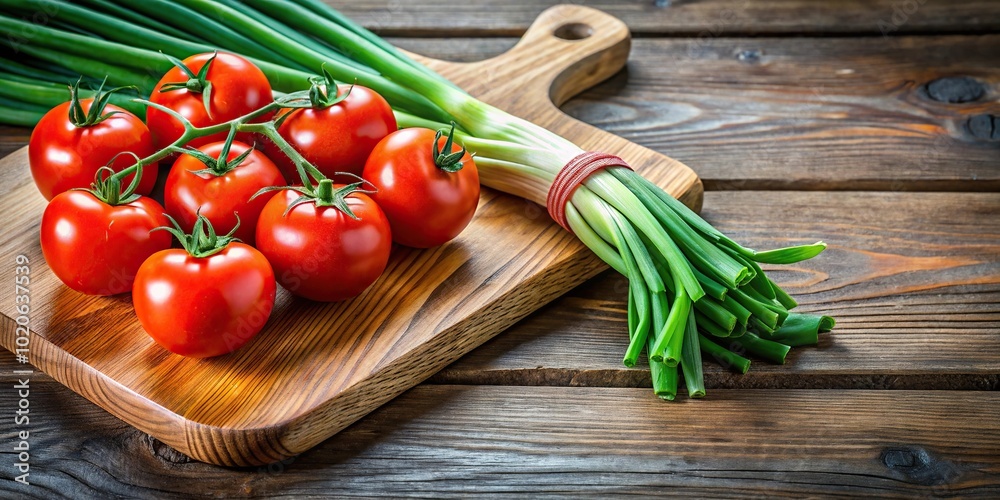 Forced perspective of tomatoes and green onions on wooden cutting board Forced perspective of tomatoes and green onions on wooden cutting board