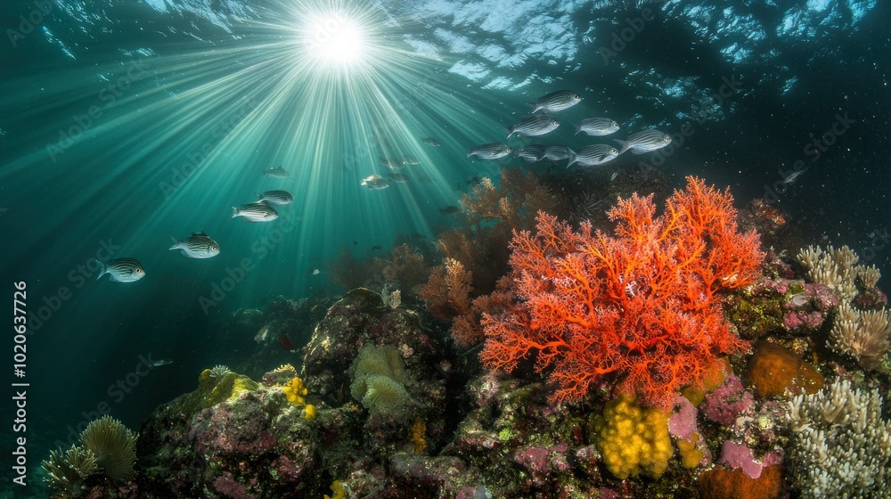 Fototapeta premium Underwater Scene with Sunbeams, Fish, and Coral